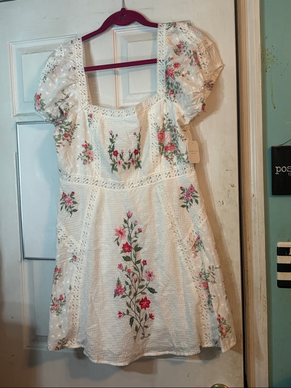 Altar'd State White Mini Dress with Pink & Green Floral Embroidery